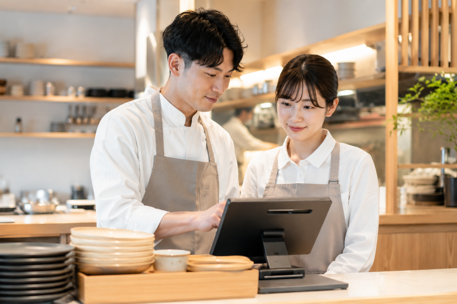 キッチンやスタッフが注文内容を確認しているイメージ写真